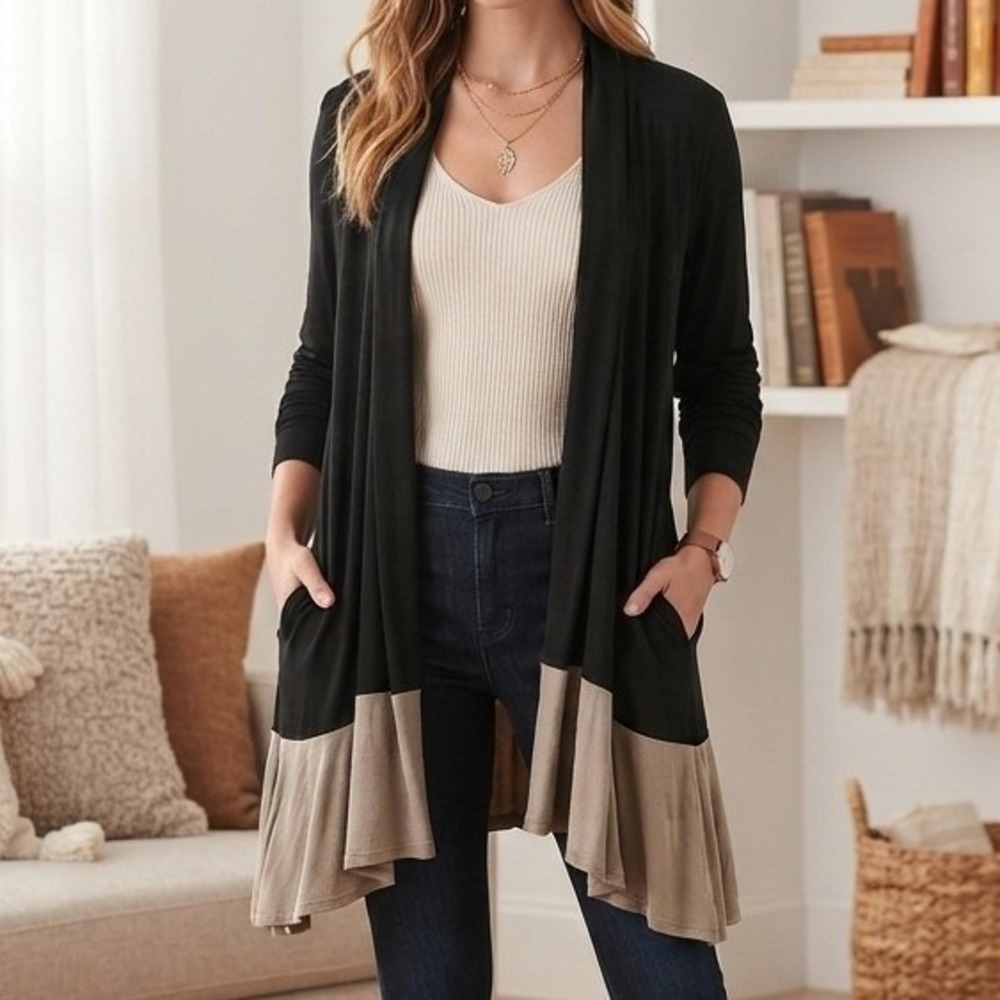 LOGO Lori Goldstein Cardigan Open Front Colorblock XL neutral capsule minimalist